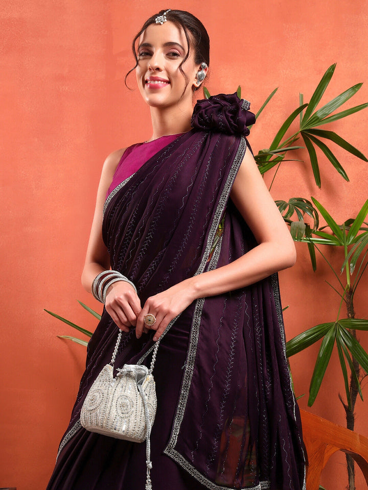 Crystal Swarovski Embellished Satin Georgette Cocktail Saree with Embellished Border