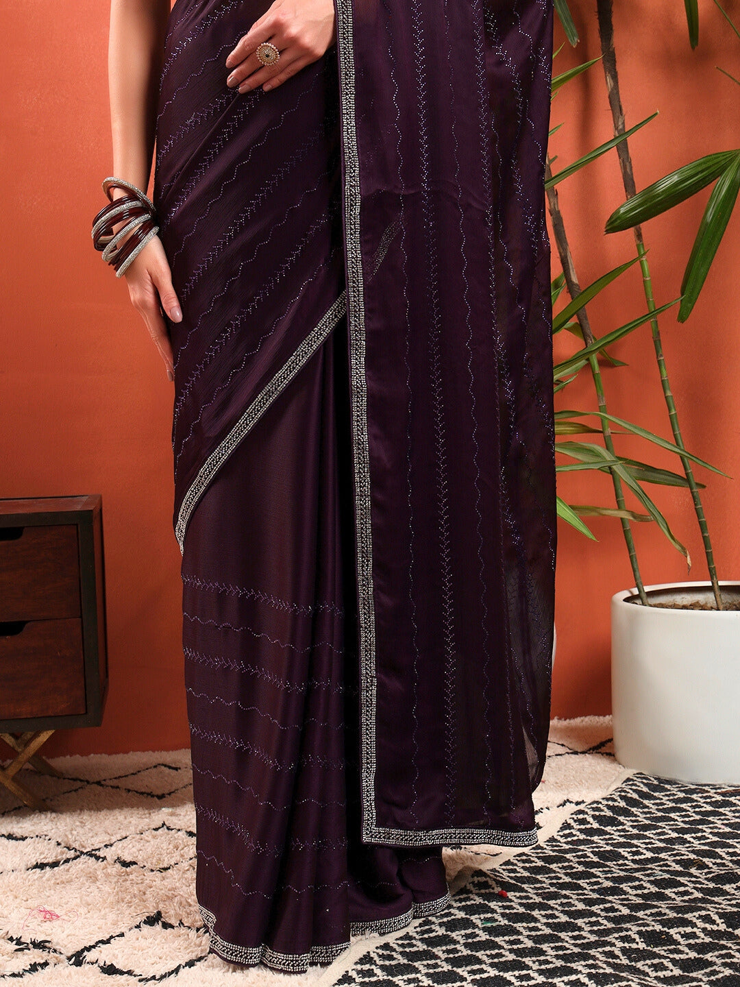 Crystal Swarovski Embellished Satin Georgette Cocktail Saree with Embellished Border