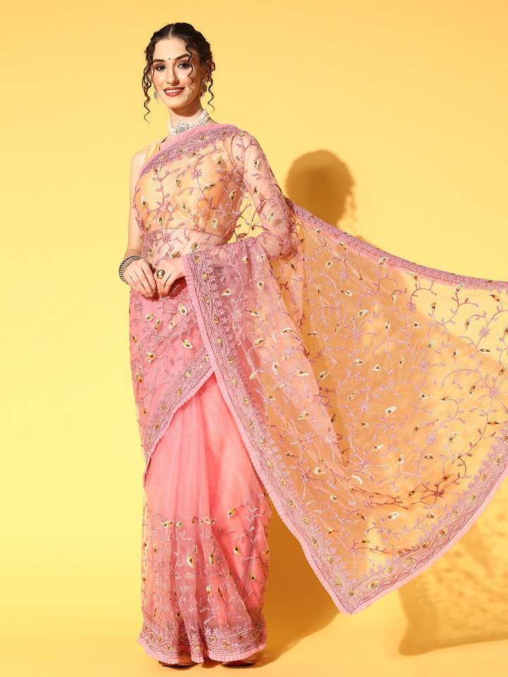 Pastel Pink Embellished Net Saree with Pleated Border