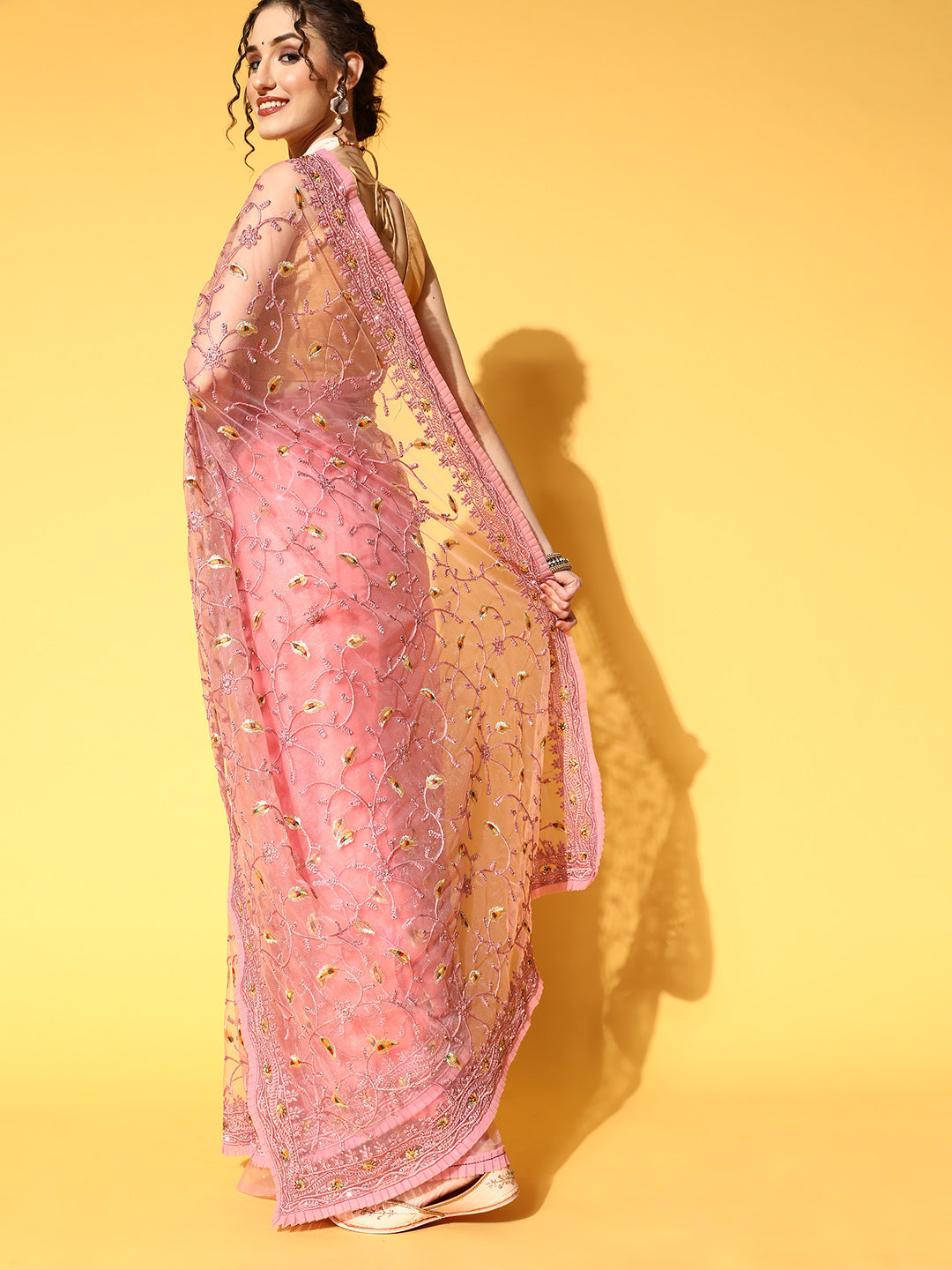 Pastel Pink Embellished Net Saree with Pleated Border