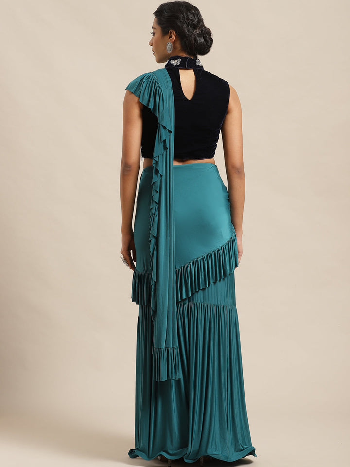 Ruffles Pre-Draped Lycra Saree with Frills and Cutdana Embroidery Velvet Blouse