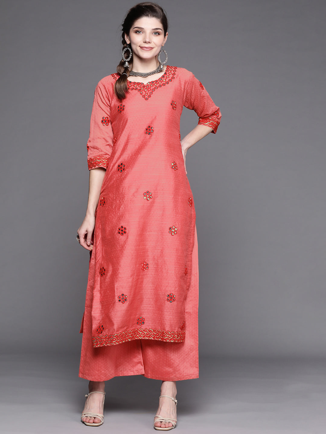 Red Kurta Palazzo Set With Embellished Gotta patti & Mirror Work Embroidery