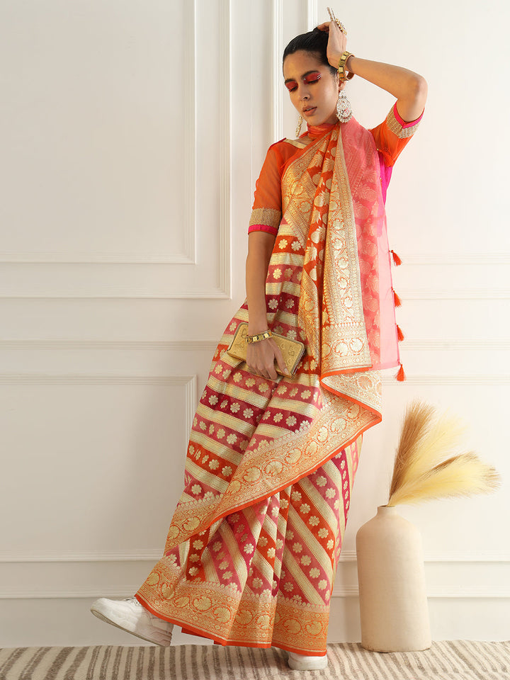 Multicolor Striped Organza Saree with Intricate Floral Zari motifs