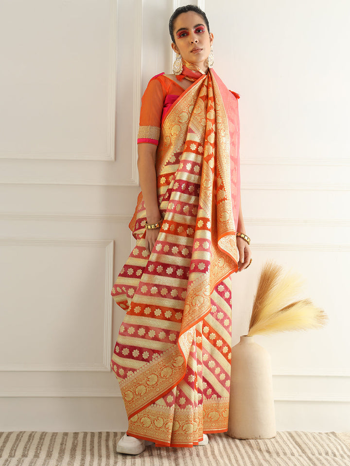 Multicolor Striped Organza Saree with Intricate Floral Zari motifs
