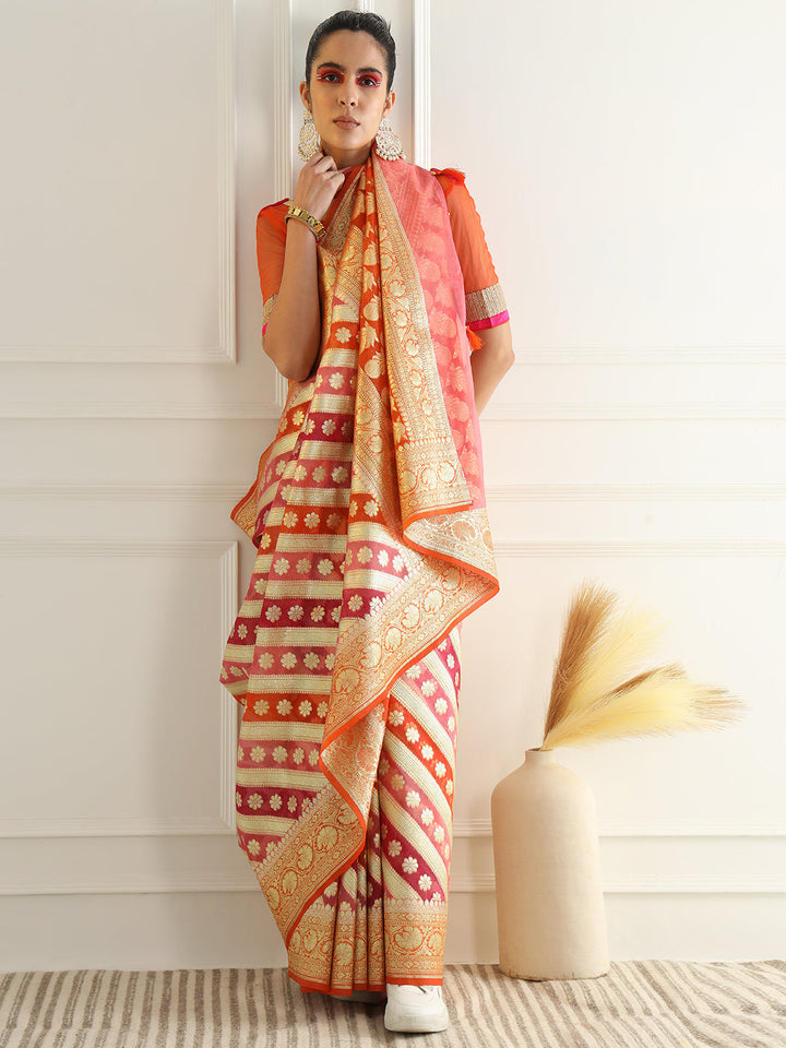 Multicolor Striped Organza Saree with Intricate Floral Zari motifs