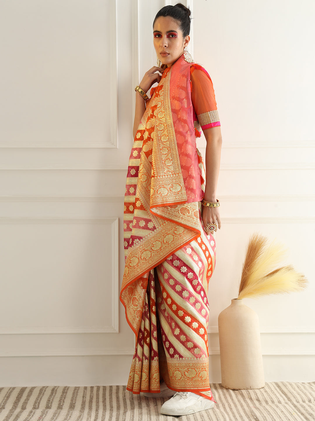 Multicolor Striped Organza Saree with Intricate Floral Zari motifs