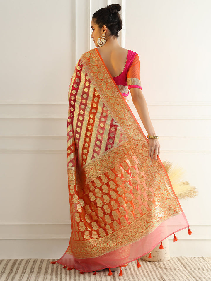 Multicolor Striped Organza Saree with Intricate Floral Zari motifs