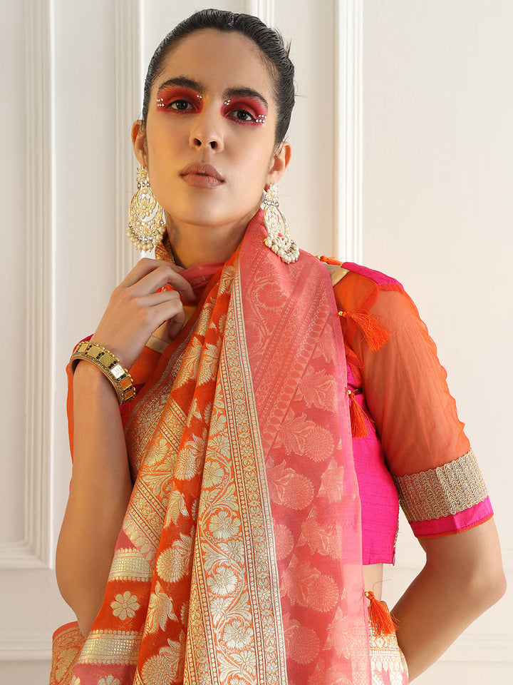 Multicolor Striped Organza Saree with Intricate Floral Zari motifs