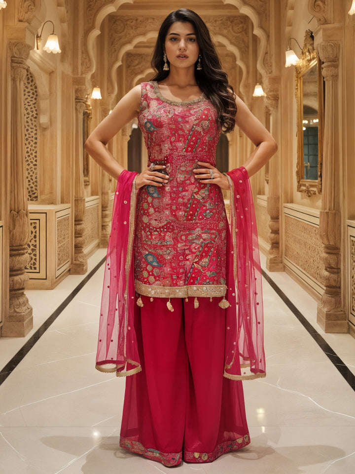 Banarasi Meenakari Kurta Pallazo Set with Statement Tassels & Mirror Embellishments