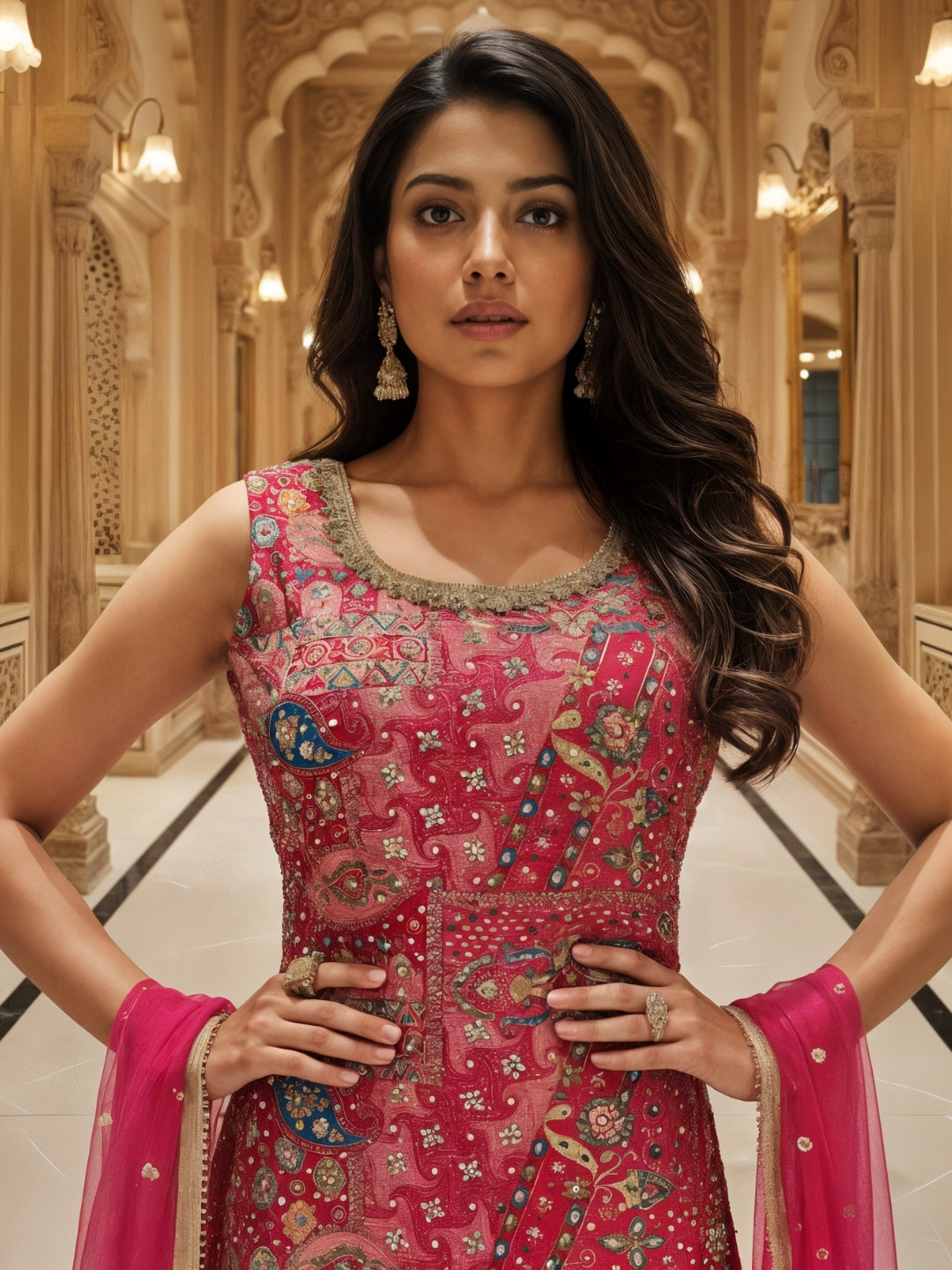 Banarasi Meenakari Kurta Pallazo Set with Statement Tassels & Mirror Embellishments