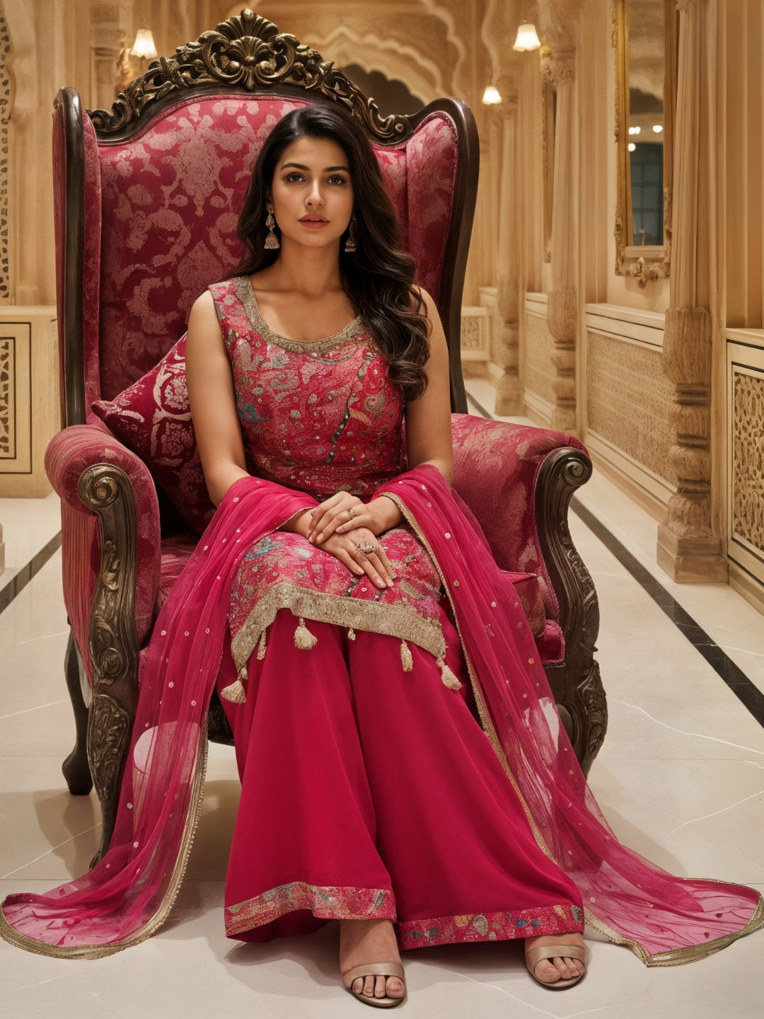 Banarasi Meenakari Kurta Pallazo Set with Statement Tassels & Mirror Embellishments