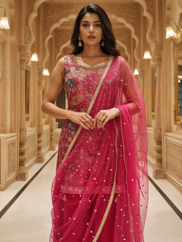 Banarasi Meenakari Kurta Pallazo Set with Statement Tassels & Mirror Embellishments