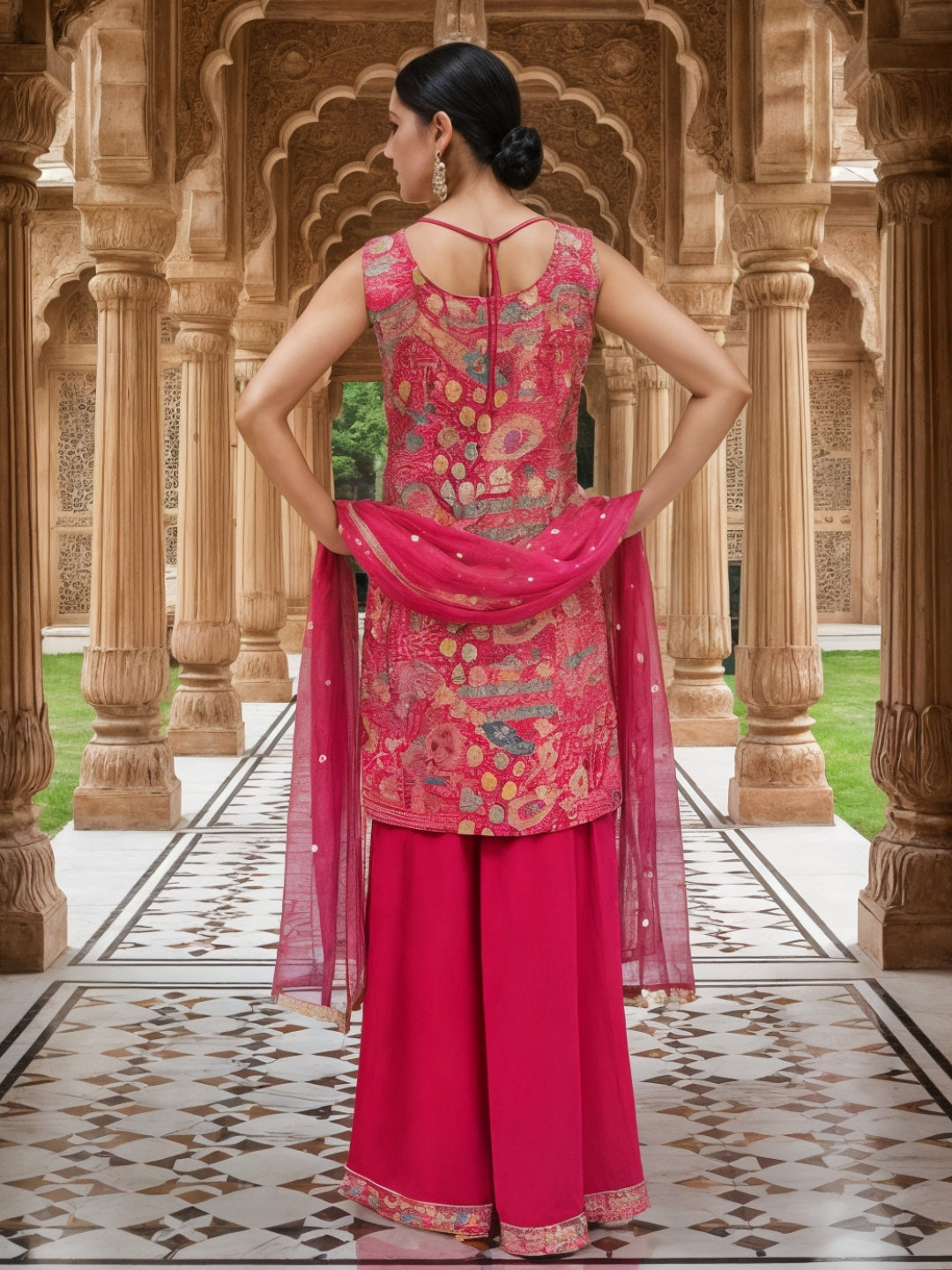 Banarasi Meenakari Kurta Pallazo Set with Statement Tassels & Mirror Embellishments