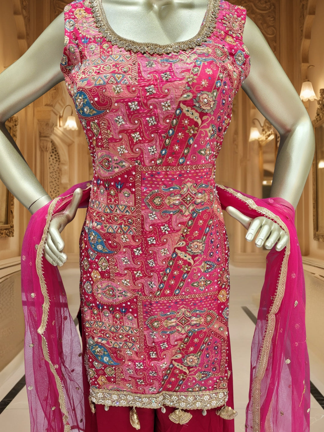 Banarasi Meenakari Kurta Pallazo Set with Statement Tassels & Mirror Embellishments