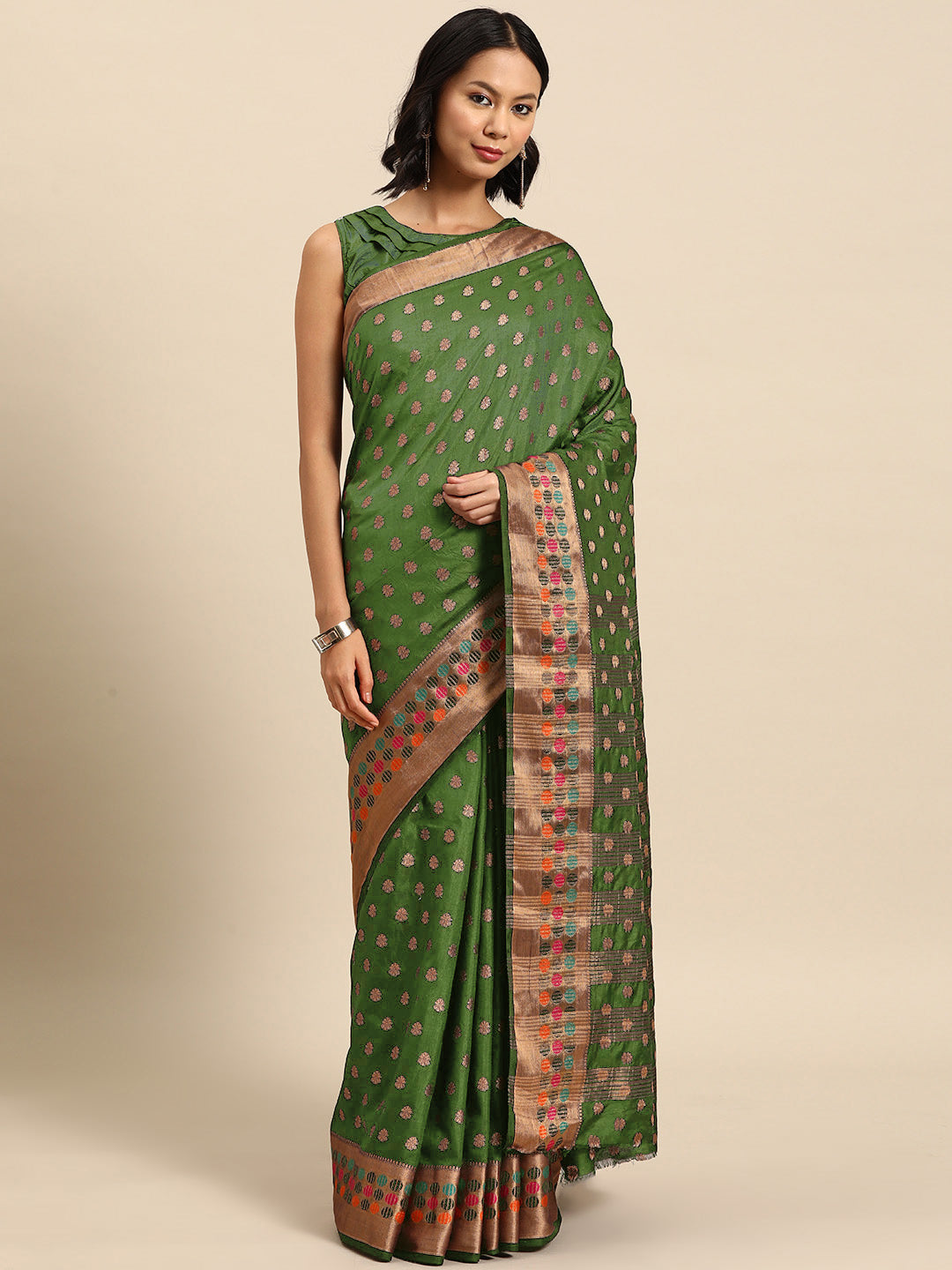 Green Resham & Zari Woven Embroidered Colorful Bordered Saree