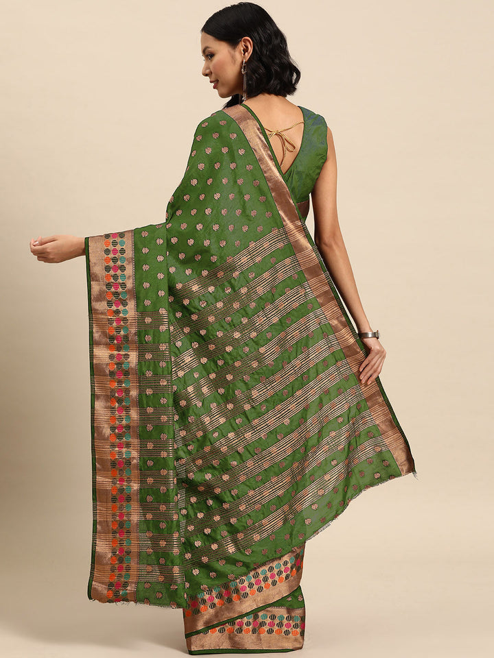 Green Resham & Zari Woven Embroidered Colorful Bordered Saree