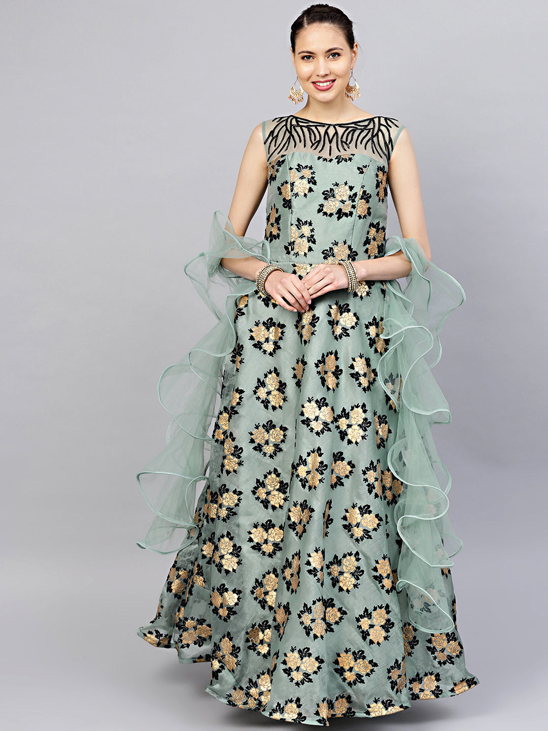 Chhabra 555 Teal Embellished Organza Gown with Gold Black Foil And Flock Print and Ruffled dupatta