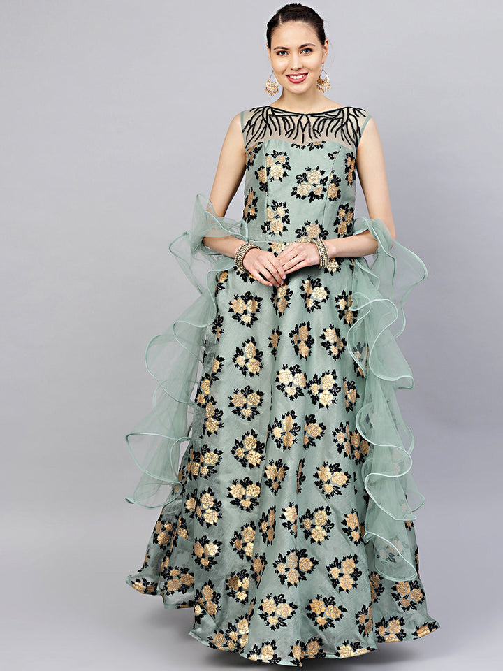 Chhabra 555 Teal Embellished Organza Gown with Gold Black Foil And Flock Print and Ruffled dupatta
