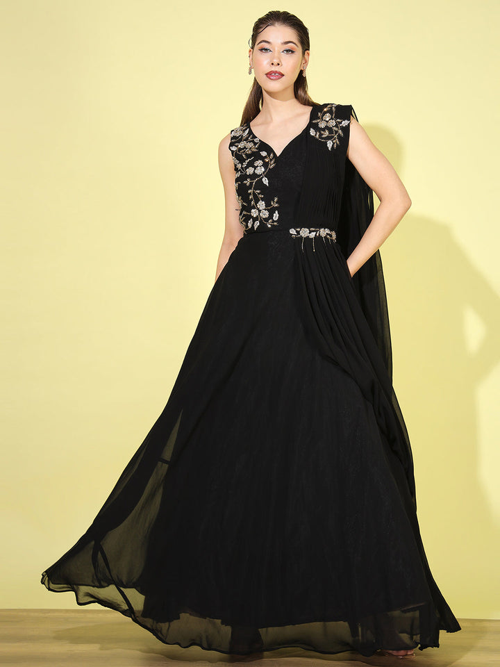 Made-to-Measure Zircon Embellished Flared Gown with Attached Dupatta