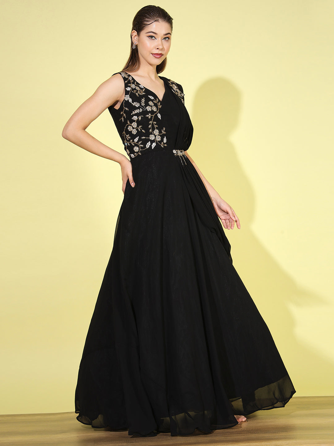 Made-to-Measure Zircon Embellished Flared Gown with Attached Dupatta
