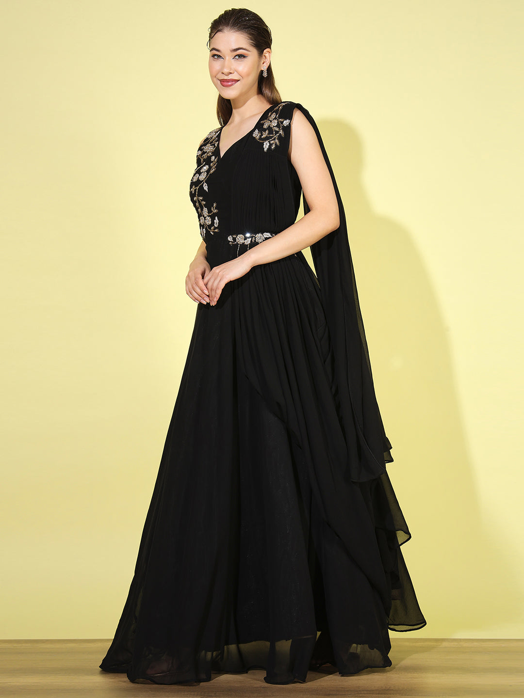 Made-to-Measure Zircon Embellished Flared Gown with Attached Dupatta