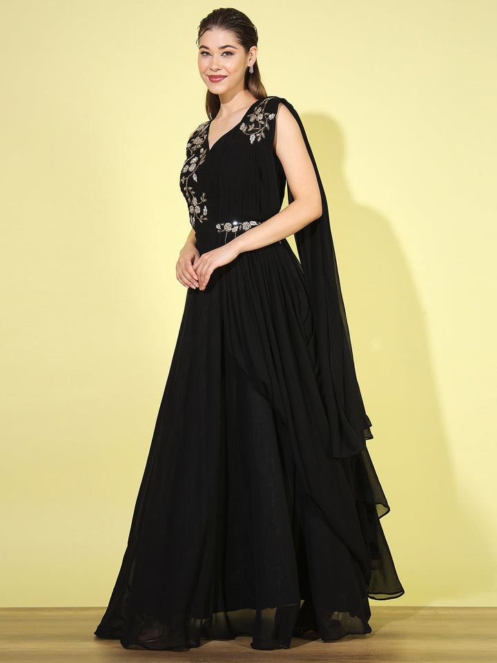 Made-to-Measure Zircon Embellished Flared Gown with Attached Dupatta