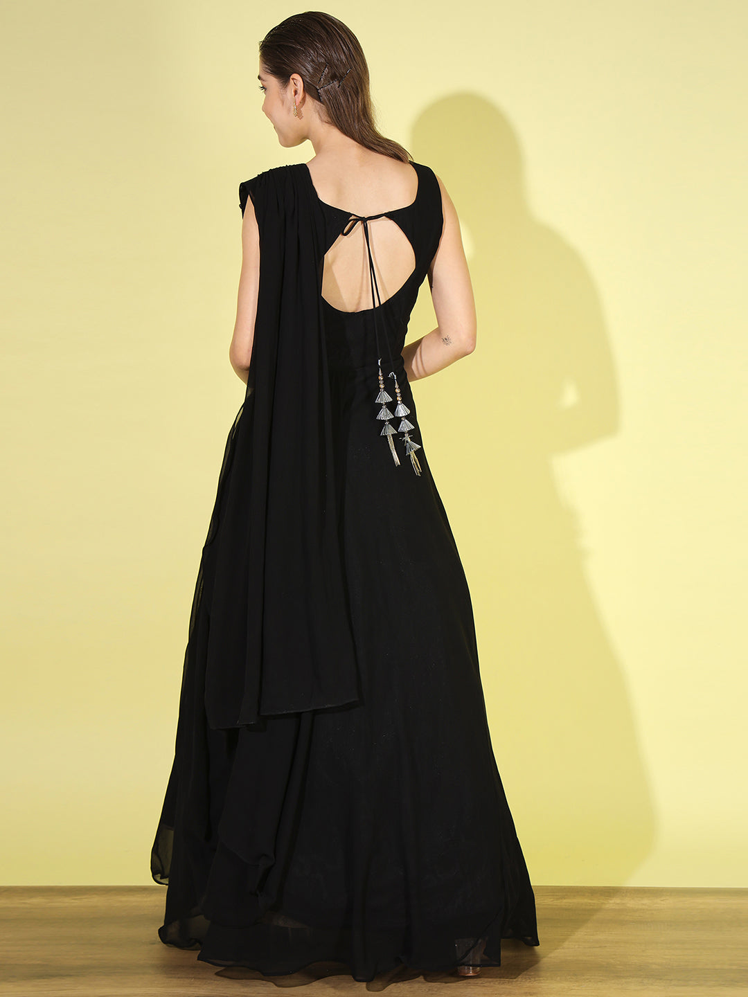 Made-to-Measure Zircon Embellished Flared Gown with Attached Dupatta