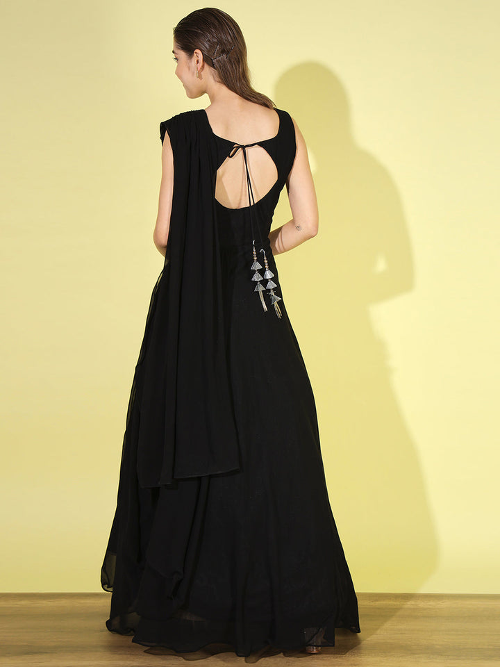 Made-to-Measure Zircon Embellished Flared Gown with Attached Dupatta