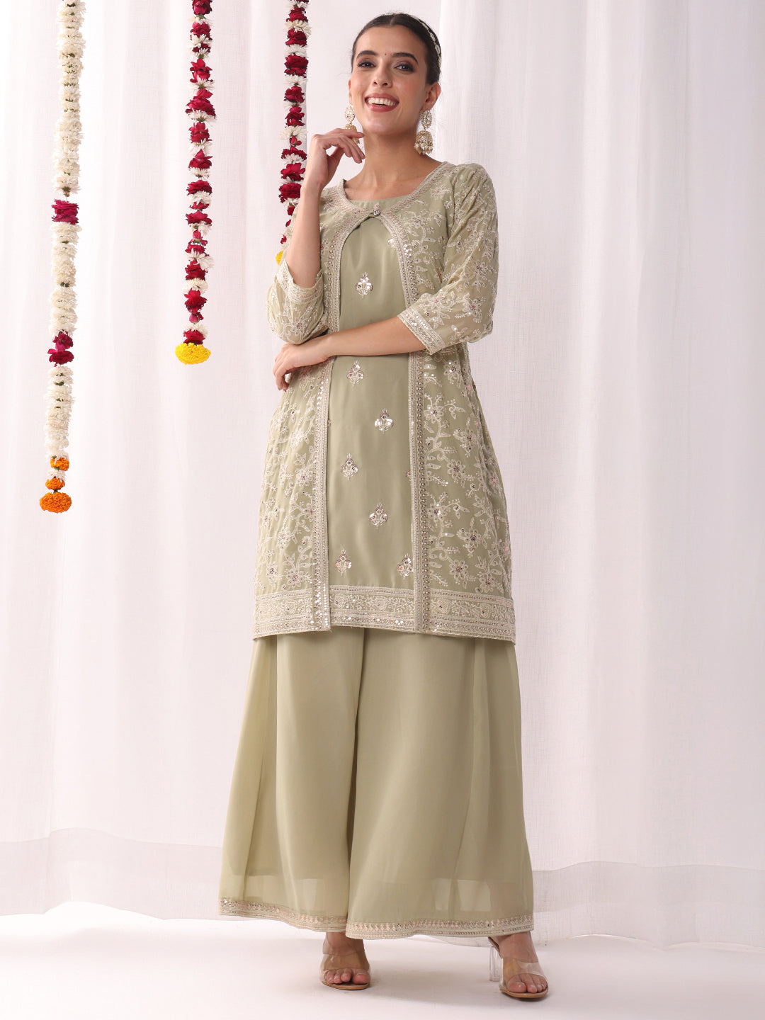 Chhabra 555 Resham Schiffli Embroidered Co-ord Set with Sequinned Stylized Jacket and Flared Pallazo