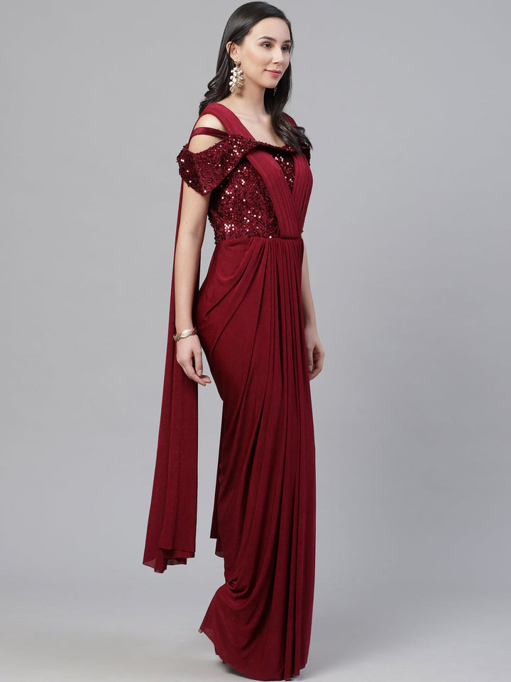 Ruffled Pre-stitched Saree with Festive Layering & Sequence Bling Yoke and Off Shoulder