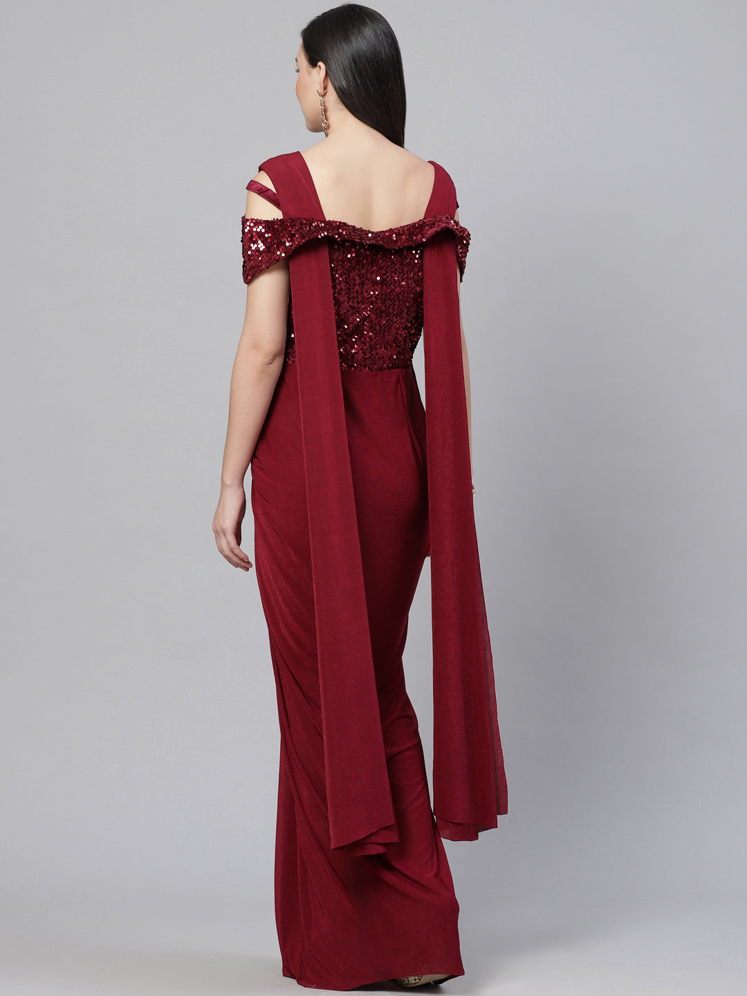 Ruffled Pre-stitched Saree with Festive Layering & Sequence Bling Yoke and Off Shoulder