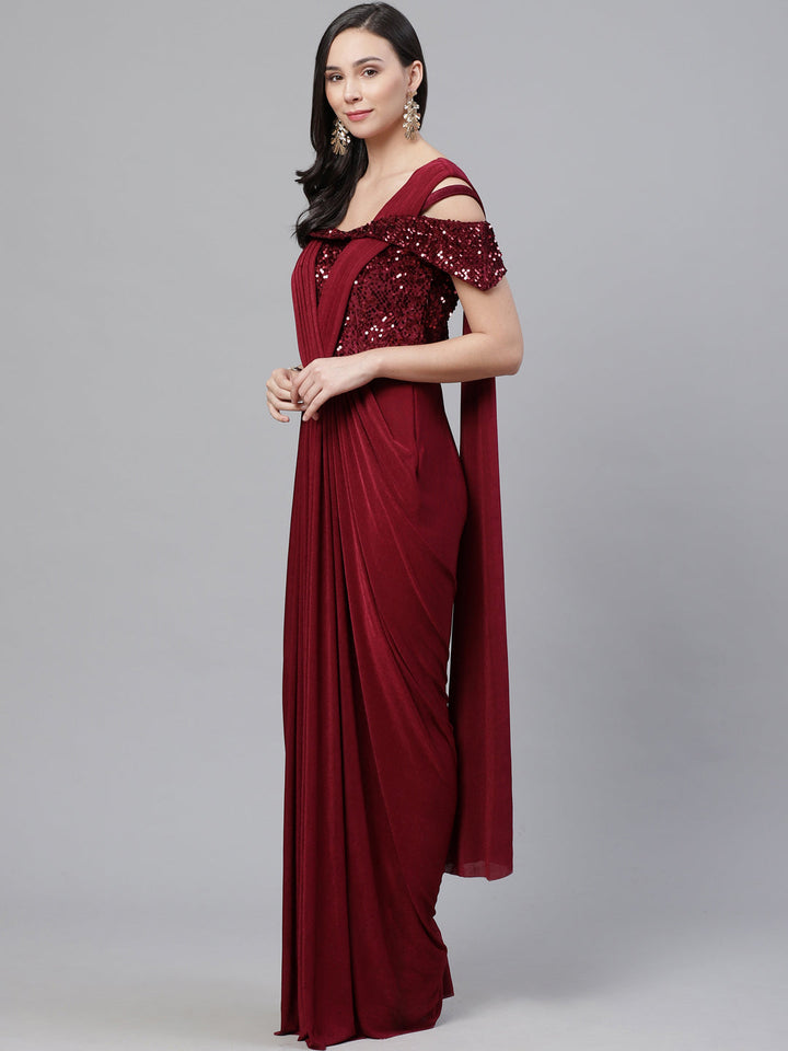Ruffled Pre-stitched Saree with Festive Layering & Sequence Bling Yoke and Off Shoulder