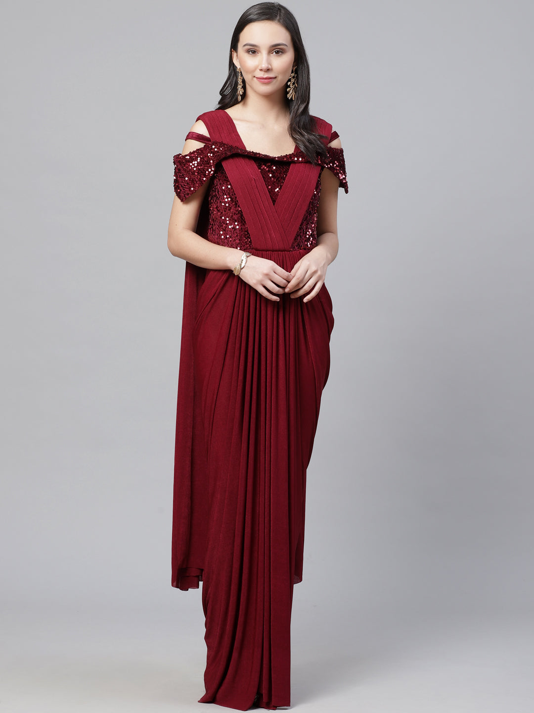 Ruffled Pre-stitched Saree with Festive Layering & Sequence Bling Yoke and Off Shoulder