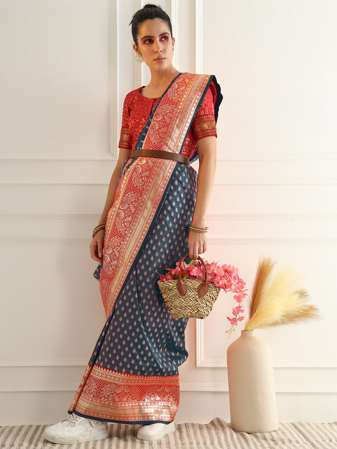 Chhabra 555 Blue Zari Woven Banarasi Saree with Contrast Peacock Motif Border