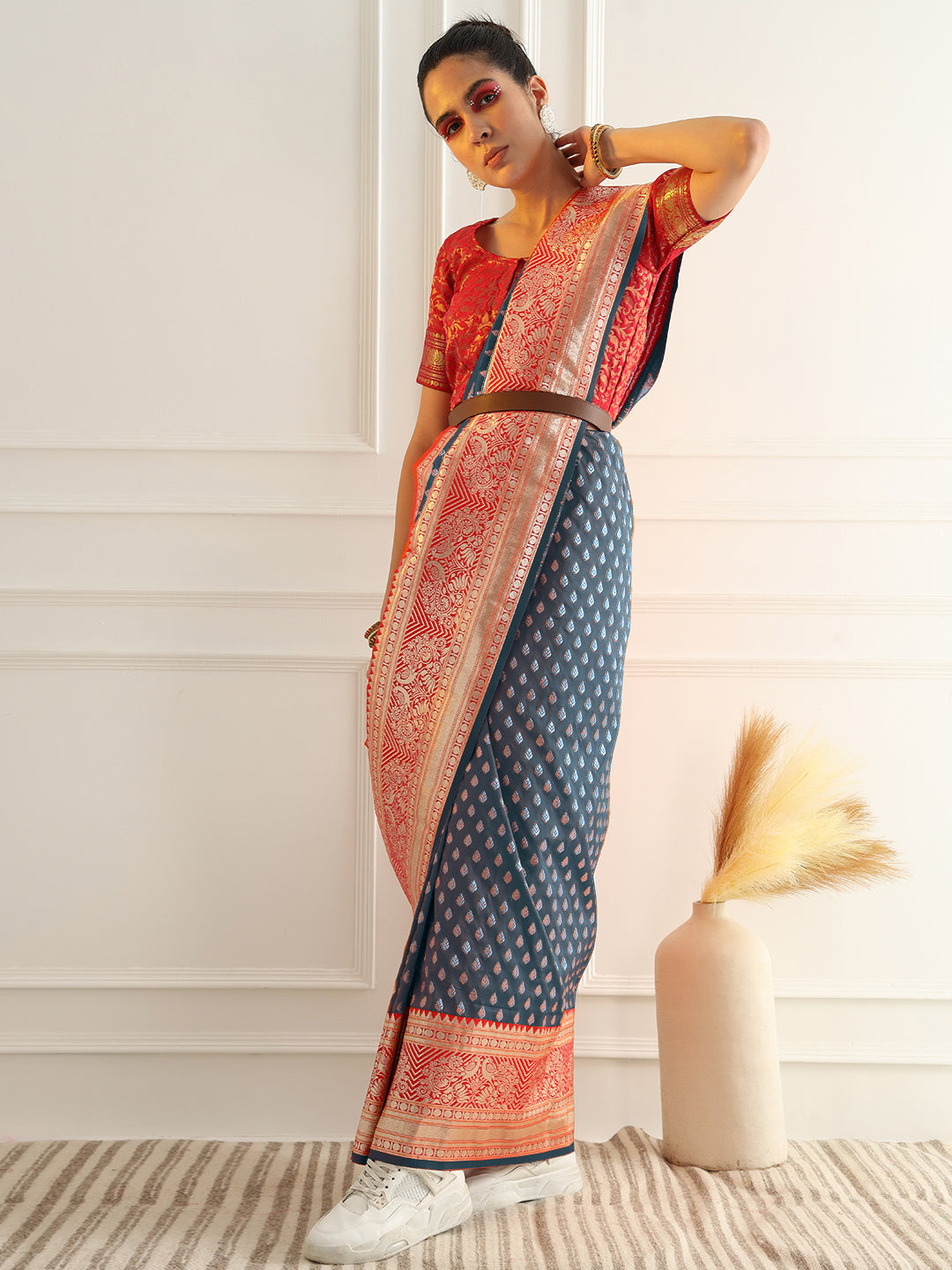 Blue Zari Woven Banarasi Saree with Contrast Peacock Motif Border
