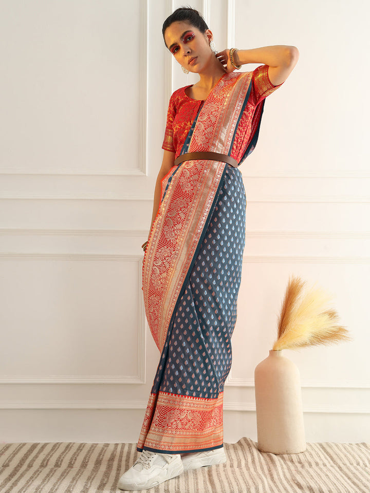 Blue Zari Woven Banarasi Saree with Contrast Peacock Motif Border