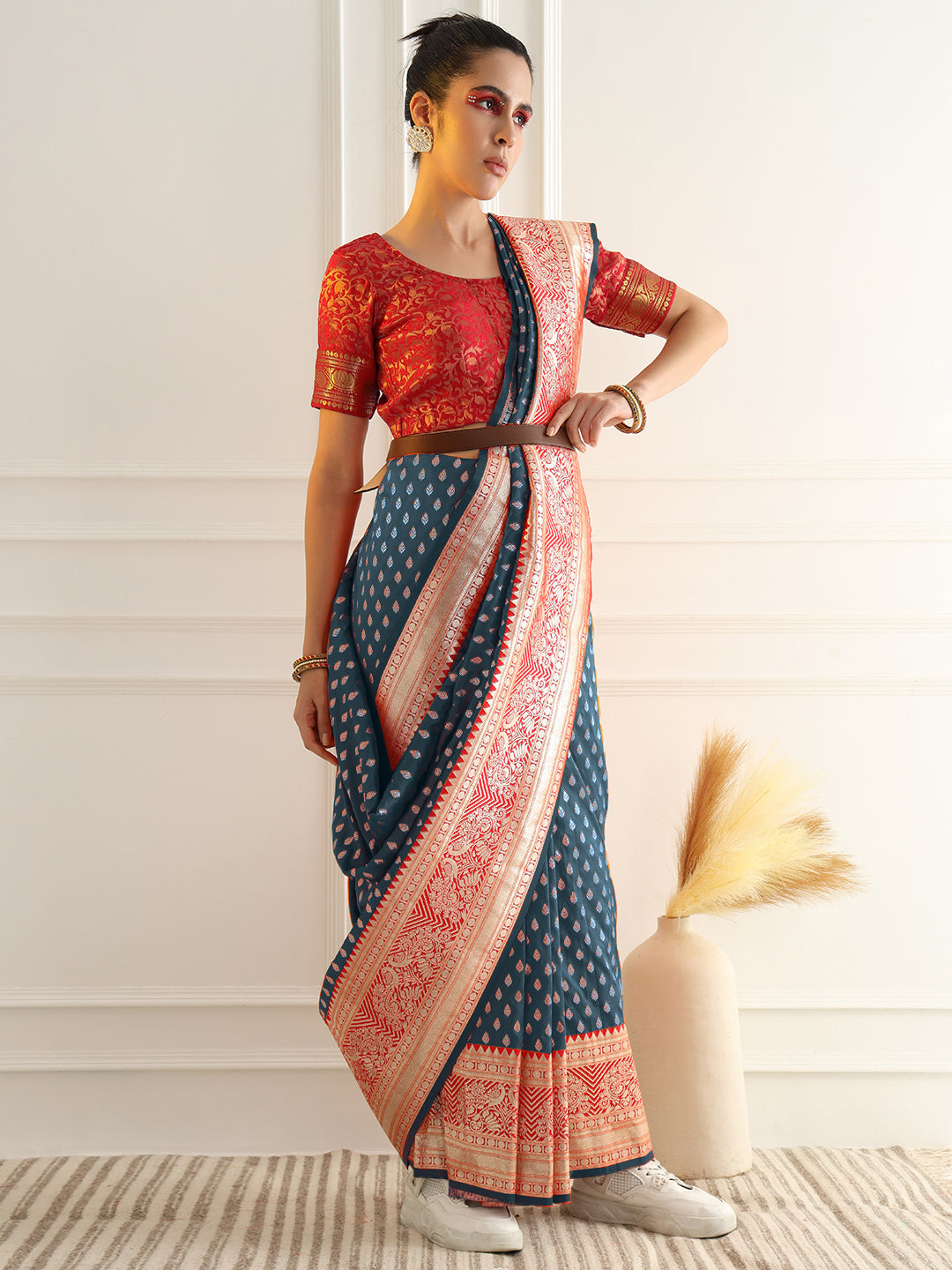Blue Zari Woven Banarasi Saree with Contrast Peacock Motif Border