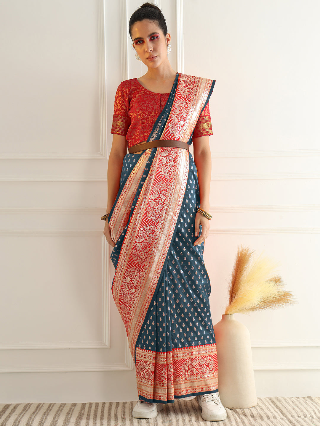 Blue Zari Woven Banarasi Saree with Contrast Peacock Motif Border