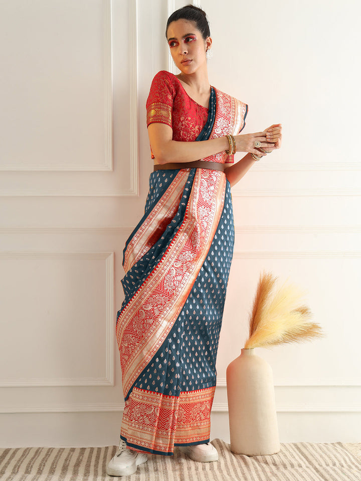 Blue Zari Woven Banarasi Saree with Contrast Peacock Motif Border