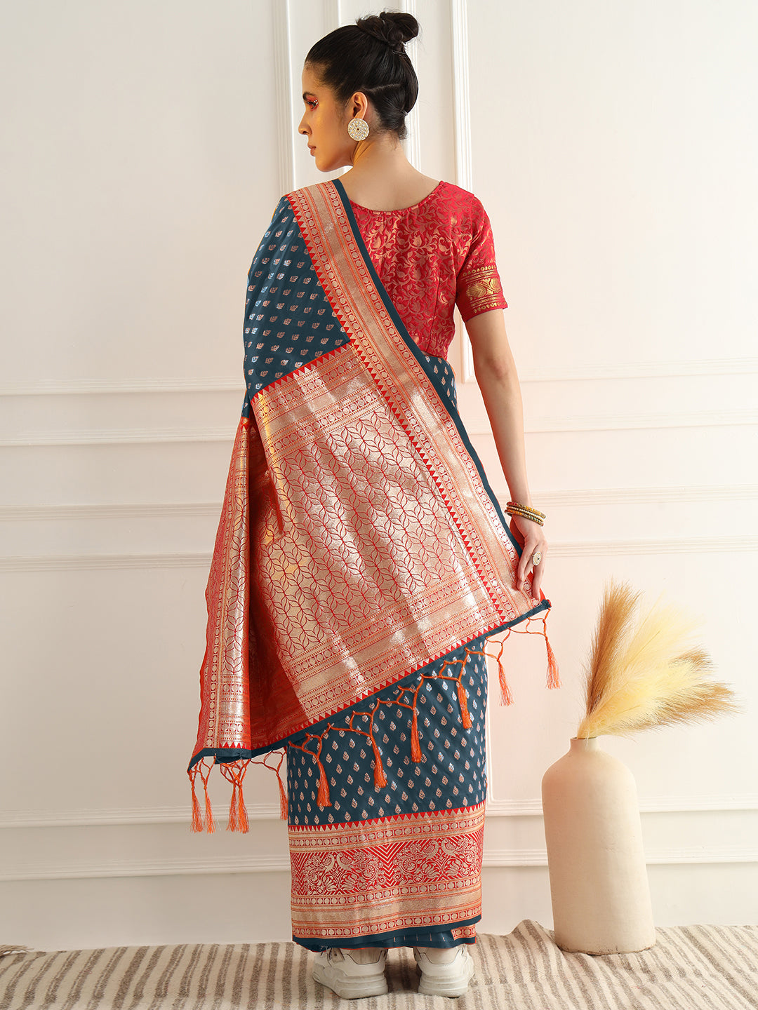 Blue Zari Woven Banarasi Saree with Contrast Peacock Motif Border