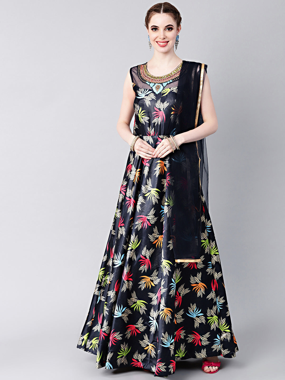 Embellished Anarkali Gown with Floral Digital Print