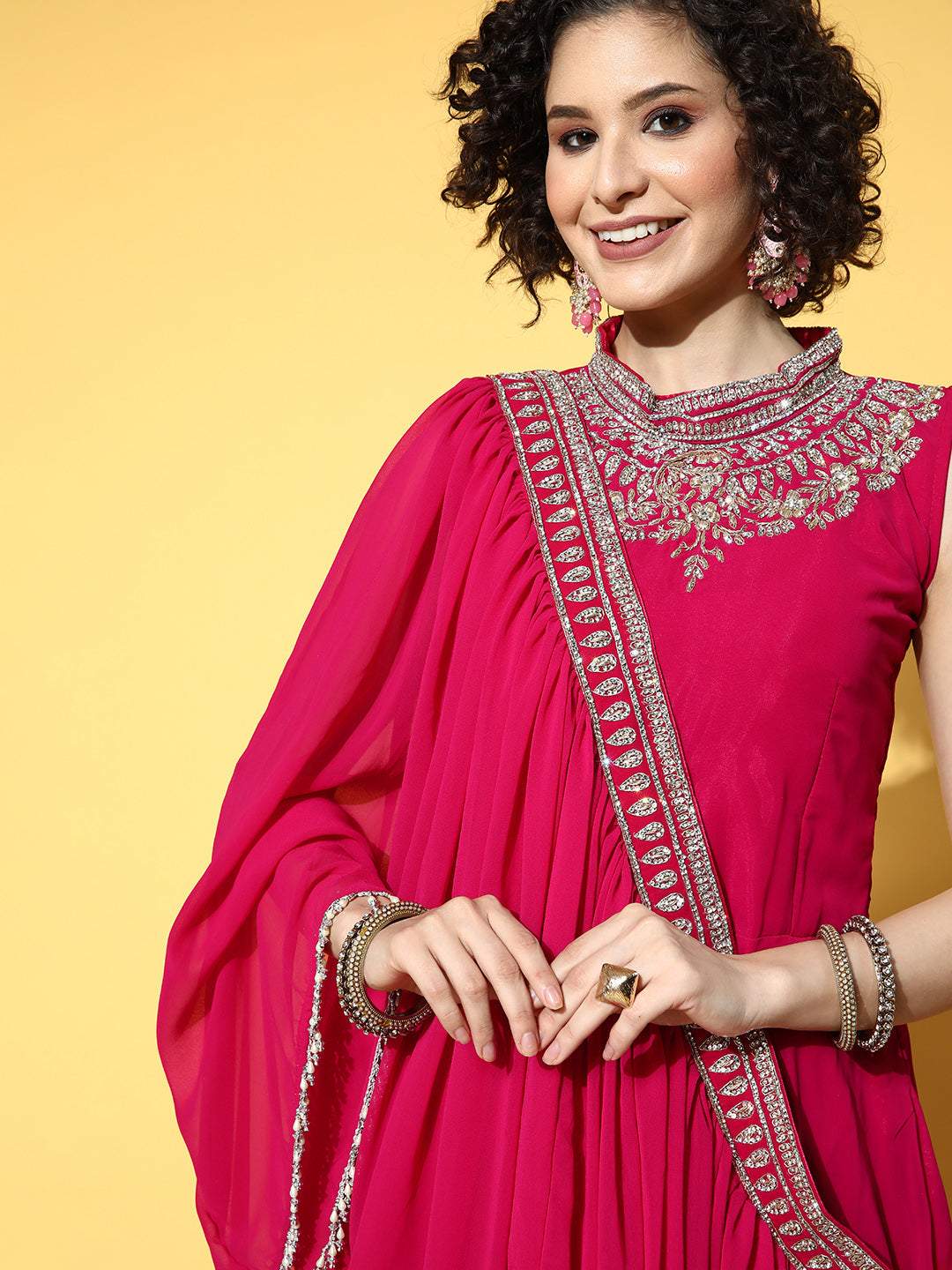 Crystal Halter Neck Embellished Flared Dress with Draped Tassled Dupatta