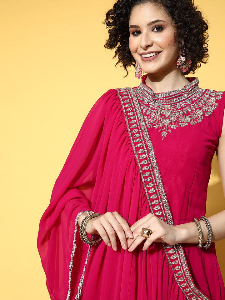 Crystal Halter Neck Embellished Flared Dress with Draped Tassled Dupatta