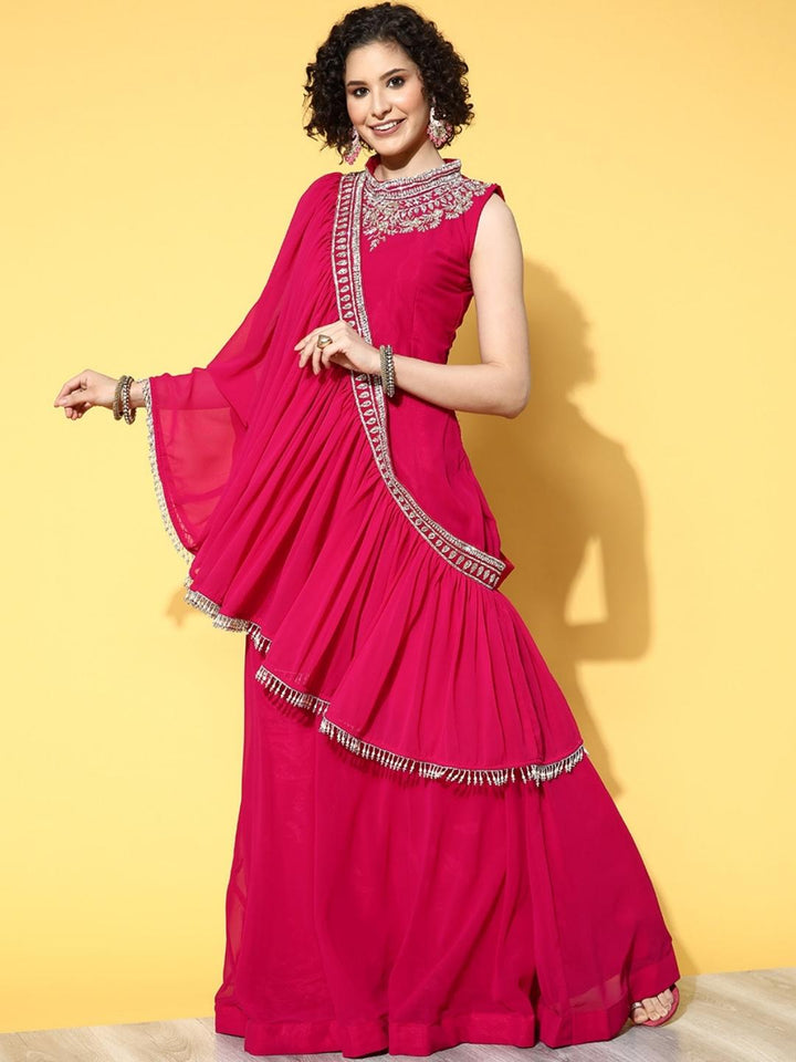 Crystal Halter Neck Embellished Flared Dress with Draped Tassled Dupatta