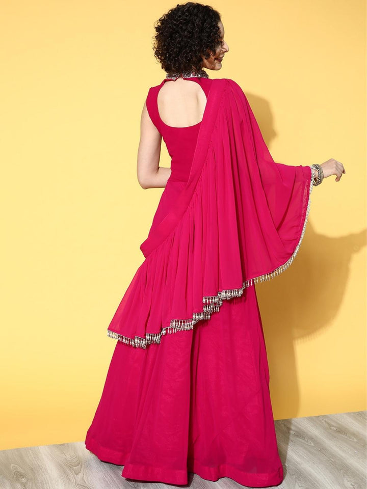 Crystal Halter Neck Embellished Flared Dress with Draped Tassled Dupatta