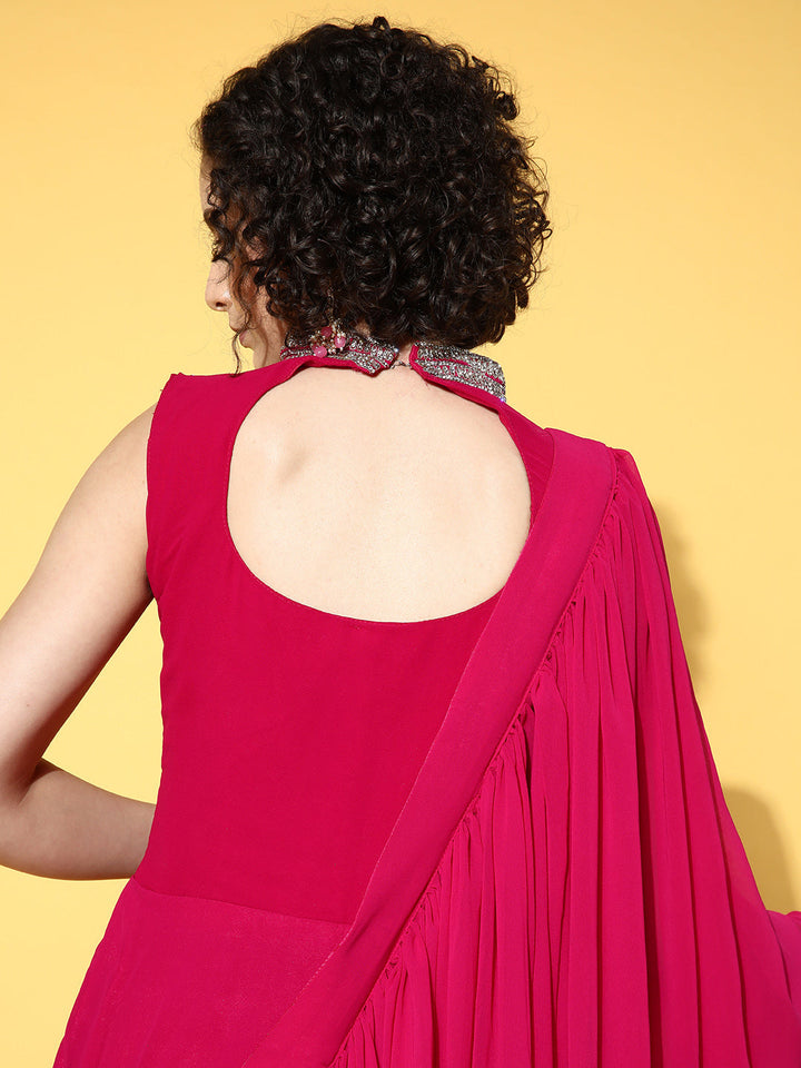 Crystal Halter Neck Embellished Flared Dress with Draped Tassled Dupatta