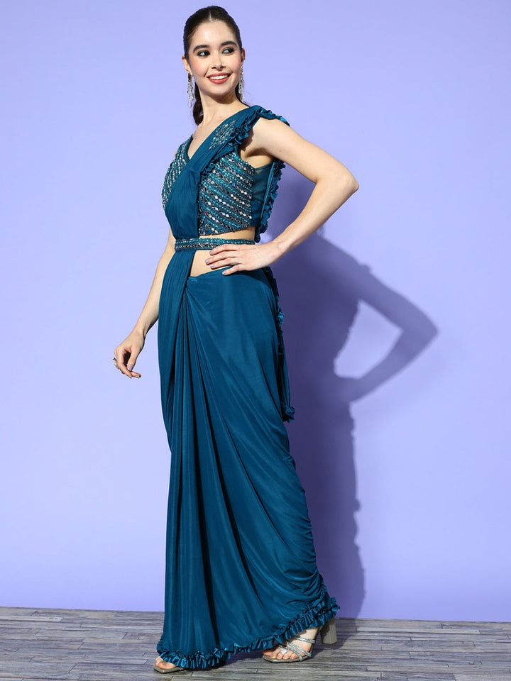 Teal Draped Cocktail Belted Saree With Mirror Embellished Blouse