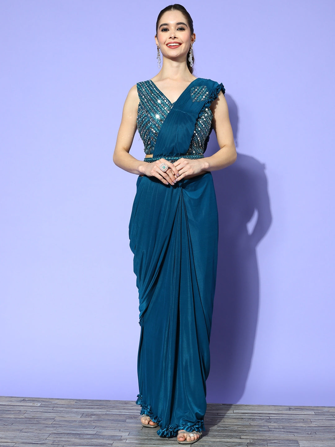 Teal Draped Cocktail Belted Saree With Mirror Embellished Blouse