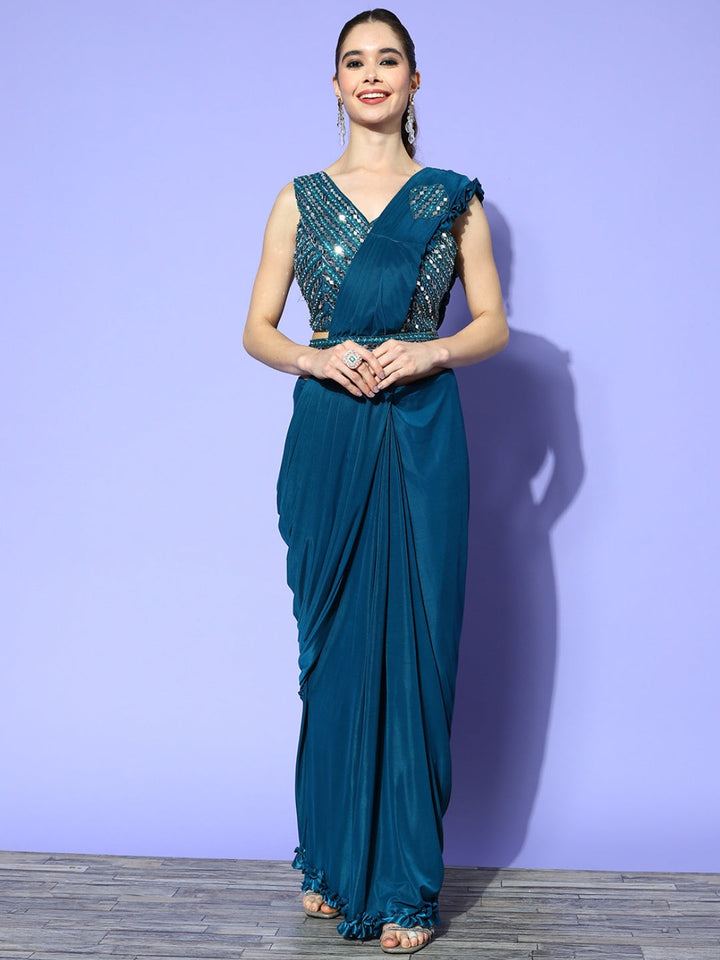 Teal Draped Cocktail Belted Saree With Mirror Embellished Blouse