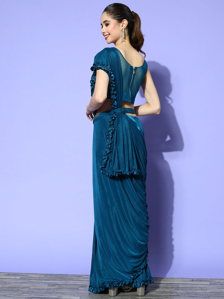 Teal Draped Cocktail Belted Saree With Mirror Embellished Blouse